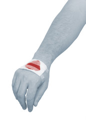 Bloody medical bandage on hand isloated on white background