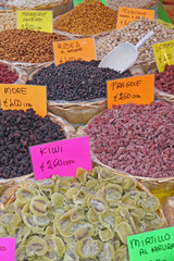 dried fruit in large baskets for sale from local market grocery