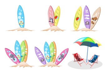 An Illustration Set of Surfboards with Beach Chairs