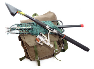 Accessories for angling - fishing rod and landing net.