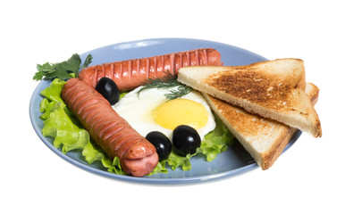 breakfast with sausages, toast and egg