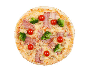pizza with bacon, cauliflower, cheese, cherry tomatoes, isolated