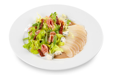 salad from pear, lettuce, chili, pepper, meat and cheese
