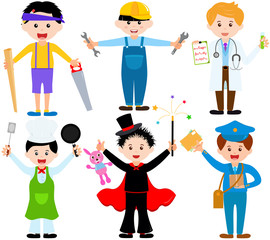 A set of cartoon male kids, young boys in cute costumes