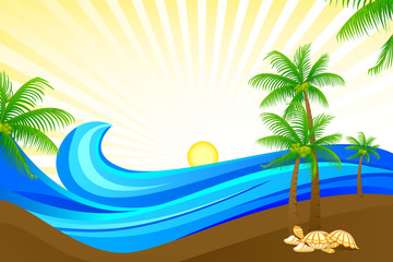 Fototapeta na wymiar ilustracji wektorowych z fali morza w plaży z palmy