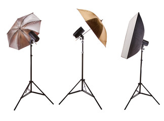 set of photo studio equipment isolated on white
