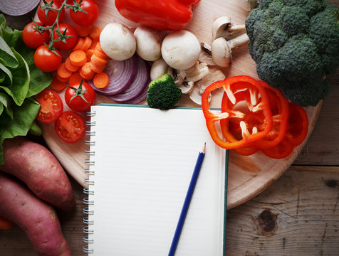 shopping list on table, with a bunch of vegetables