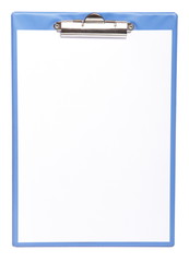 Blue clipboard with blank paper isolated on white