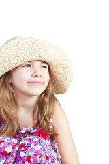 smiling girl in summer hat over white background