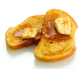 White bread toast with honey on plate, isolated on white