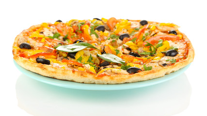 Tasty pizza with vegetables, chicken and olives isolated