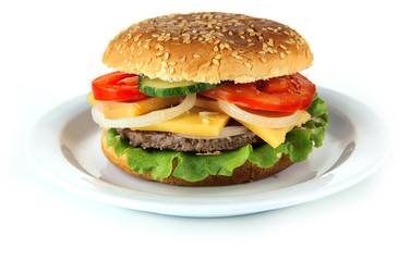 Tasty cheeseburger on plate, isolated on white