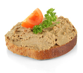 Fresh pate on bread, isolated on white