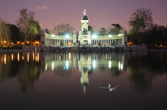 Retiro park monument Alfonso XII at night