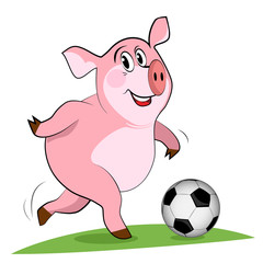 Pig play a football. Soccer player.