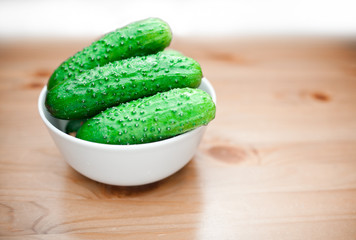 Fresh green pickling cucumbers in bowl