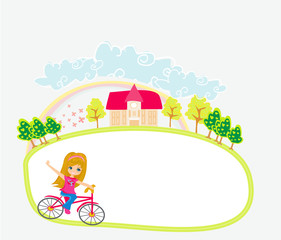 Happy Driving Bike with Cute Smiling Young Girl - abstract frame