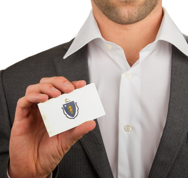 Businessman is holding a business card, Massachusetts