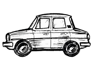 hand drawn, sketch, cartoon illustration of model of car