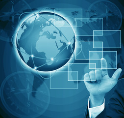 businessman hand pushing button on a touch screen interface