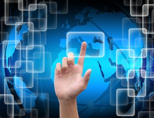 hand pushing button on a touch screen interface