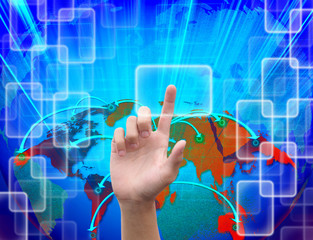 hand pushing button on abstract the world technology