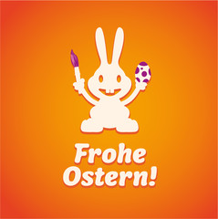 Osterhase Pinsel und Ei auf Orange mit Frohe Ostern
