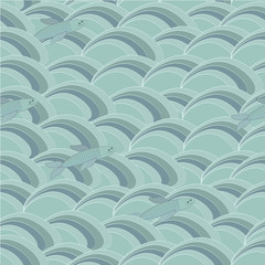 Fototapeta na wymiar Fishes and Waves, seamless pattern