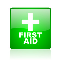 first aid green square web icon on white background
