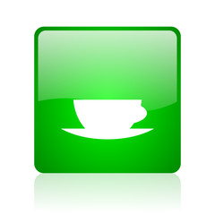 coffee cup green square web icon on white background
