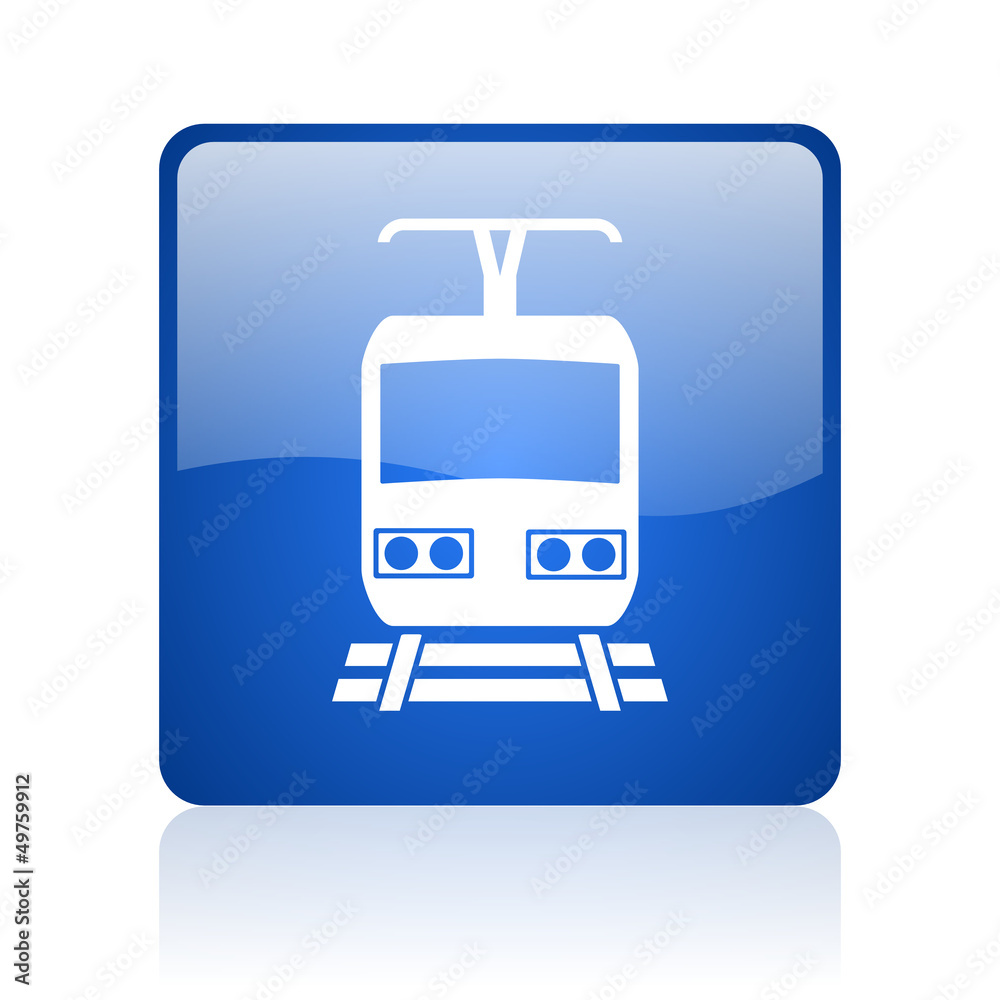 Poster train blue square glossy web icon on white background