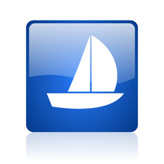 yacht blue square glossy web icon on white background