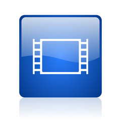 movie blue square glossy web icon on white background