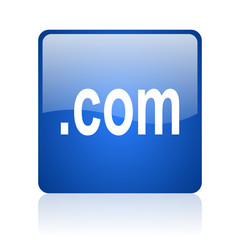 com blue square glossy web icon on white background