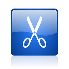 scissors blue square glossy web icon on white background