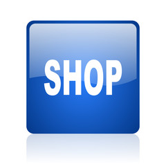 shop blue square glossy web icon on white background