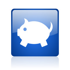 piggy bank blue square glossy web icon on white background