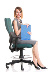 young business woman sitting with her clipboard isolated