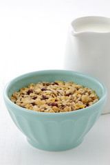 Delicious and healthy muesli with fresh milk