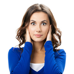 Woman covering with hands her ears, isolated