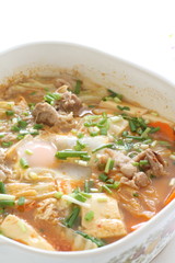 close up of korean cuisine, pork and tofu hot pot