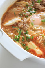 close up of korean cuisine, pork and tofu hot pot
