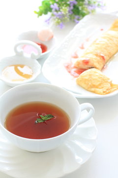 mint tea with crepe on background for afternoon tea image