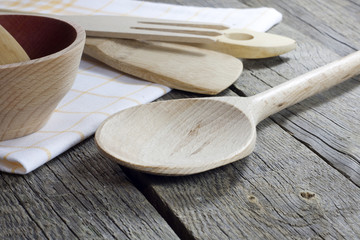 Old retro kitchenware on wooden boards