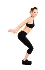 Fototapeta na wymiar Young woman doing fitness exercises isolated on white