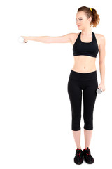 Young woman doing fitness exercises with dumbbell isolated