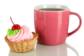 Cup of tea with cake isolated on white