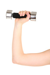 Young woman doing fitness exercises with dumbbell isolated