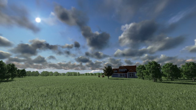 House on green meadow and horses, timelapse clouds