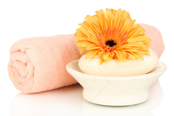 Rolled pink towel, soap bar and beautiful flower isolated